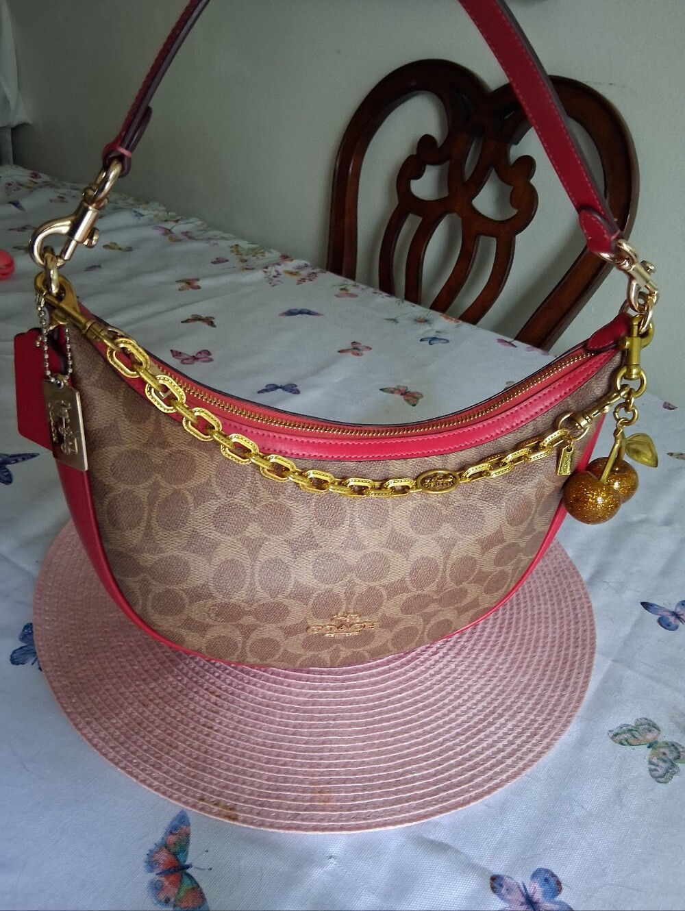 Coach Aria Brown Signature Crescent Shoulder Bag with Red Trim - Picture 3 of 11